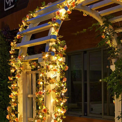 Solar Powered Sunflower Rose String Lights Artificial Ivy Leaves LED Fairy Lights Christmas Wedding Yard Fence Wall Decoration