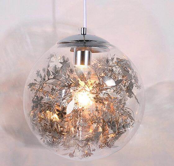 Modern Pendant Light Glass Ball Lamp With Metal Leaf Flower Glass Kitchen Bedside Hanging Lamp Kitchen Suspension Light