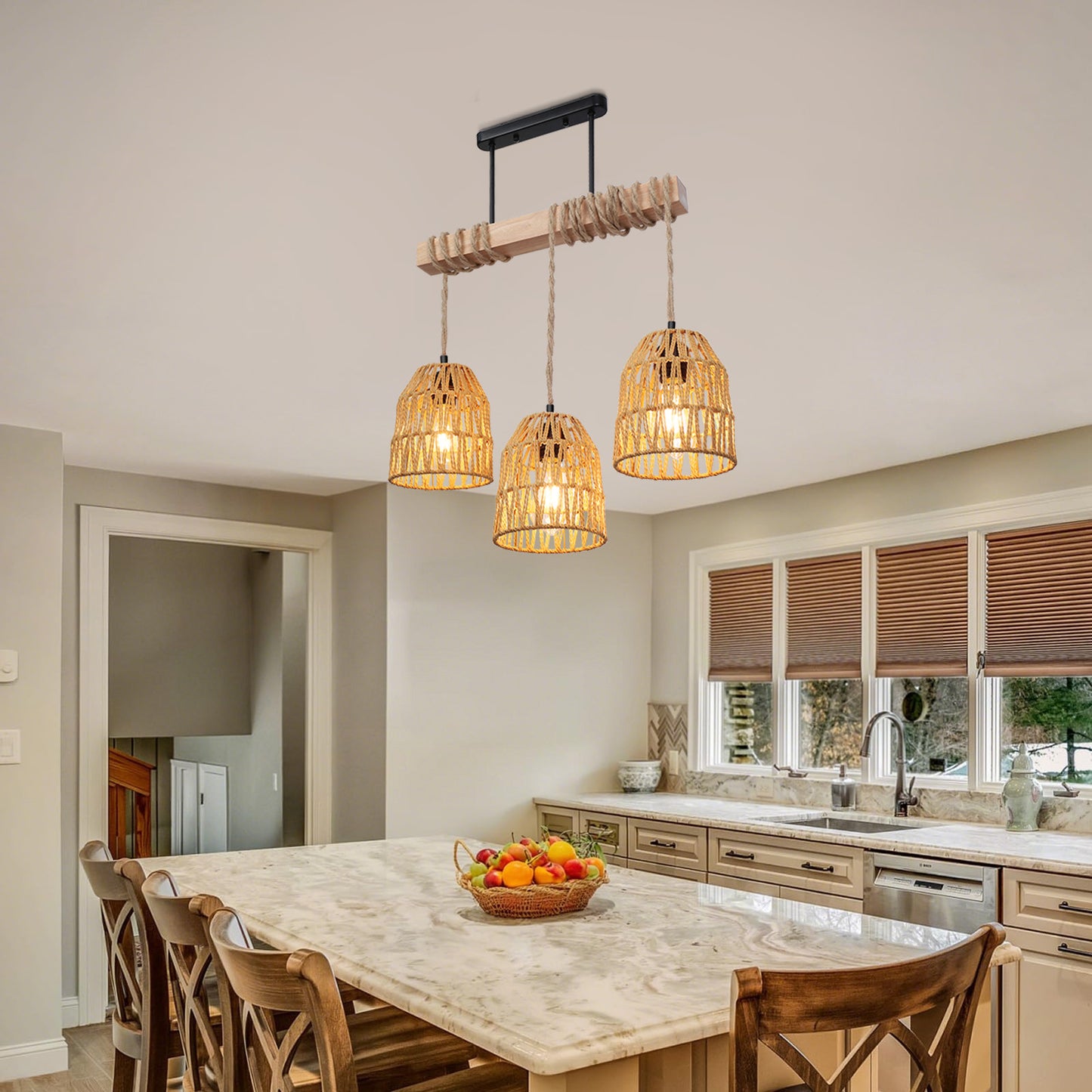 Boho Ceiling Lights Rattan Chandelier Light Hand Woven Flush Mount Hanging Lamp Pendant