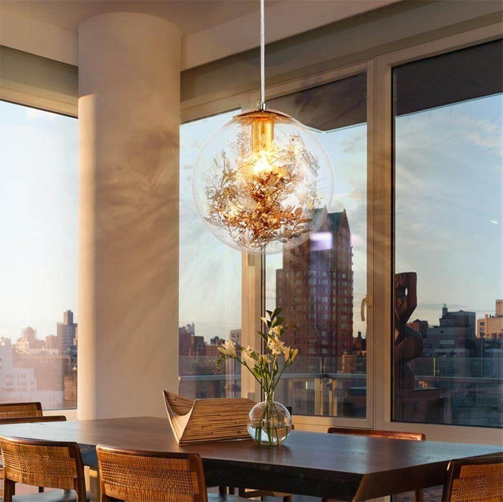 Nordic E27 Pendant Lights Gold And Silver Flower Hanging Lamp Hanglamp Creative Transparent Glass Staircase Loft Home Deco