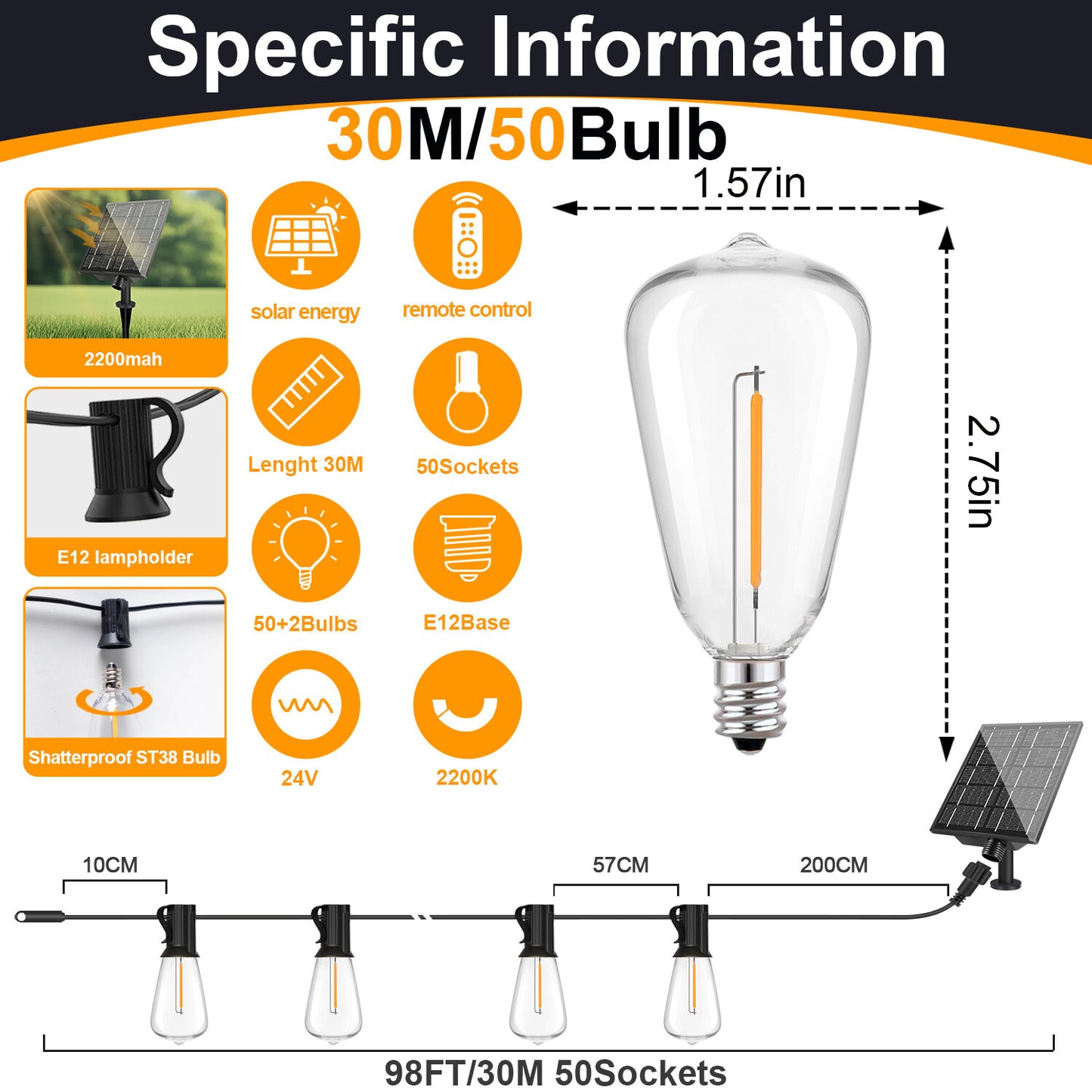 Solar Globe LED String Lights G40 Patio Light USB Recharger 8 Light Modes Remote Control Solar Weatherproof