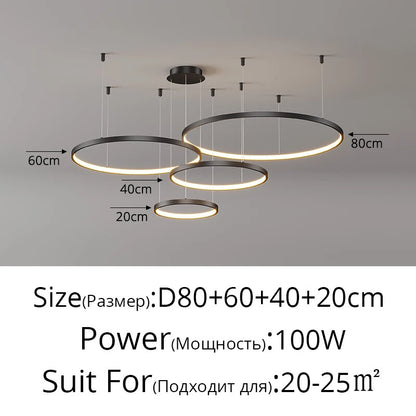 Black Rings Simple Style Modern Pendant Light Minimalist Chandelier Living Room Restaurant Dimmable Remote Lamp Home Decoration