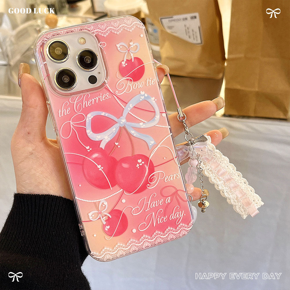 Cherry Lace Protective Case Suitable for IPhone 17PM Bow Case IPhone 16 15 14 13 12 11 Xr X