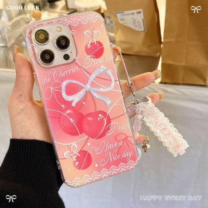 Cherry Lace Protective Case Suitable for IPhone 17PM Bow Case IPhone 16 15 14 13 12 11 Xr X