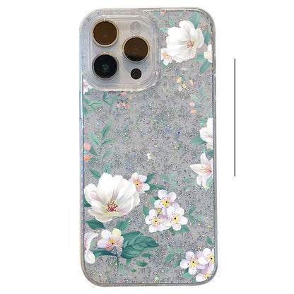 Cartoon Rose Phone Case with Glitter for IPhone 16 15 14 13 12 11 Pro Max Plus 16E X XR XS Max Hard Shockproof Bumper Back Cover