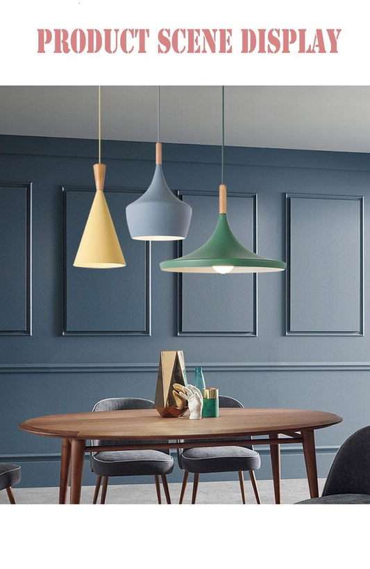 Nordic Creative Bar Loft Pendant Lights Cafe Restaurant Bedroom Multicolor Aluminum Lamp Shade Wood Hanging Lamp Family Lighting