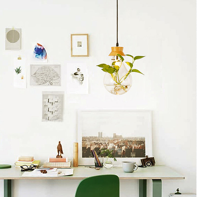 Modern Solid Wood Glass Plant Pendant Lights Garden Plant Flower Pot Restaurant Shop Ceiling Lamp