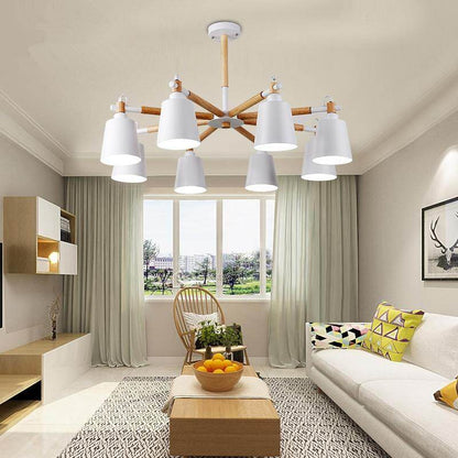 Nordic Creative Simple 3/6/8 Heads Solid Wood LED Pendant Light White Black Color Iron+Solid Wood E27 Holder Modern Ceiling Lamp