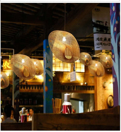 Bamboo LED E27 Wicker Rattan Wave Shade Pendant Light Vintage Japanese Lamp Suspension Home Indoor Dining Table Room Lighting
