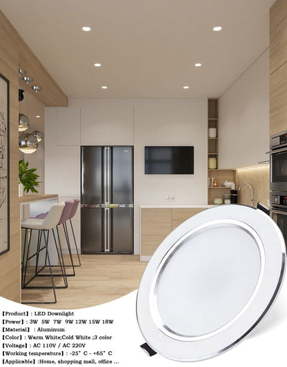 Ultra Bright Round LED Downlight 3W 5W 7W 9W 12W 15W 18W Aluminum AC110V 220V LED Down Light Ceiling Recessed Spot Light