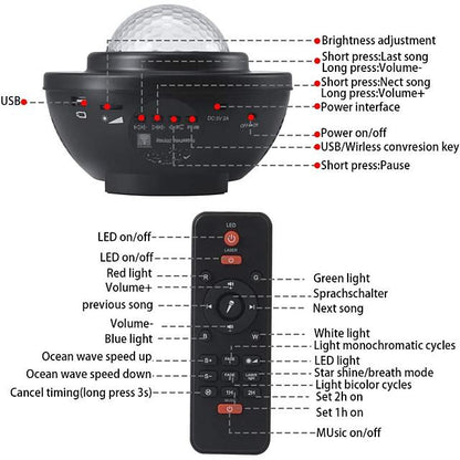 LED Starry Galaxy Projector Night Light Ocean Wave Projection with Bluetooth Music Speaker 8W LED 10 Colors 21 Lighting Modes Brightness Levels Adjustable with Remote Control-LITBest