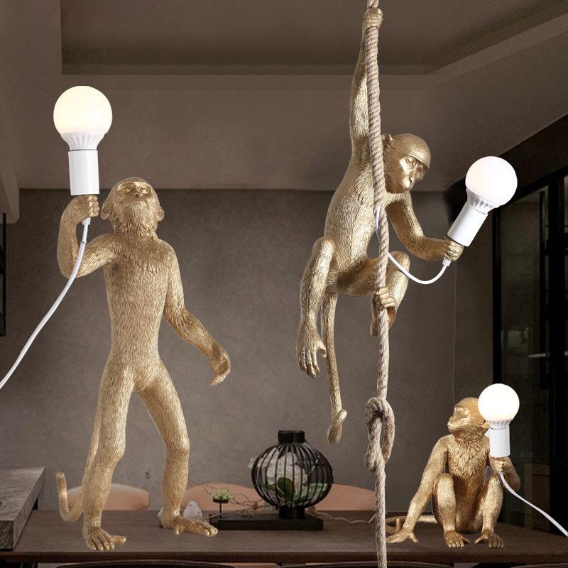 Modern Lovely Gold White Monkey Hemp Rope Pendant Lamp For Children Home Bar Cafe Decoration