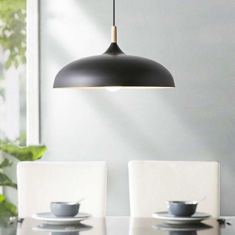 Pendant Light 35cm Diameter Matte Aluminum Lampshade 10cm Iron Base Solid Wood Accessories 1.2 m Suspension Line E27 Lamp Holder