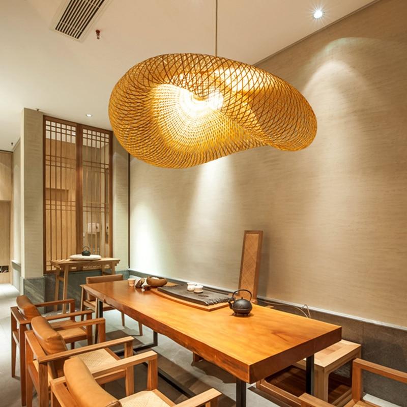 Handmade Bamboo Lamp Wicker Rattan Wave Shade Pendant Light Vintage Japanese Lamp Suspension Home Indoor Dining Table Room
