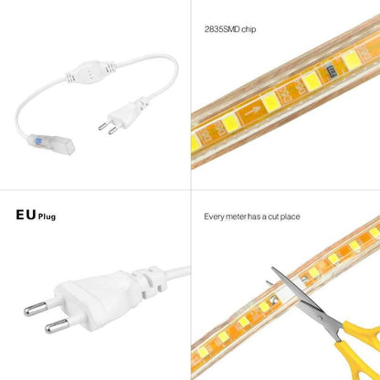 Super Bright SMD2835 Dimmable 220V LED Strip Light 1M/5M/10M/15M/20M/25M Kitchen Outdoor Garden Lamp Tape with EU Plug