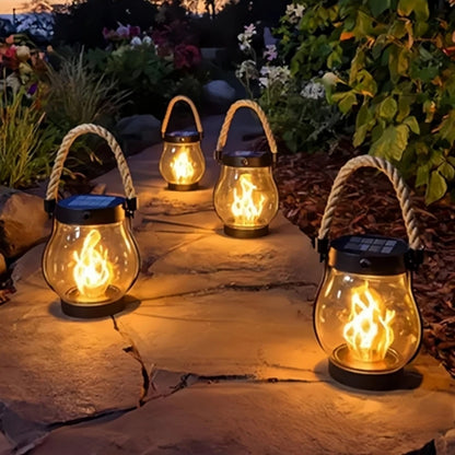 Solar Flame Lantern Outdoor Hanging LED Light Waterproof Rustic Rope Lamp Fire Effect Patio Garden Yard Camping