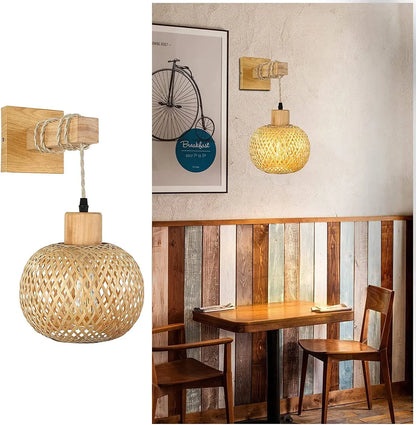 Retro Bamboo Wall Lamp Restaurant Rattan Lighting Bedside Bedroom Farmhouse Country Interior Background Wall Lamp