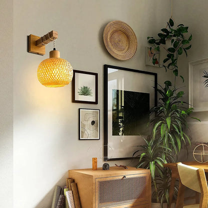 Retro Bamboo Wall Lamp Restaurant Rattan Lighting Bedside Bedroom Farmhouse Country Interior Background Wall Lamp
