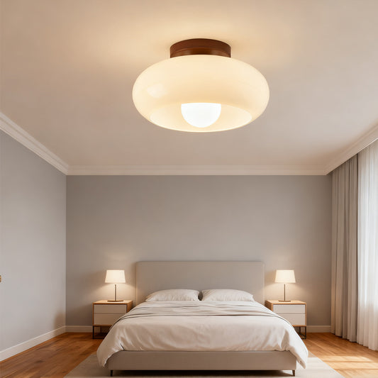 3 Color Dimmable Ceiling Light with Cream Glass Shade Vintage LED Ceiling Lamp with Wood Base Dining Living