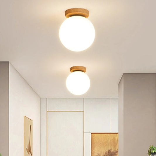 New E27 LED Nordic Solid Wood Ceiling Lamp Fixture Room Decor Lustre Modern Bedroom Glass Ball Ceiling Light