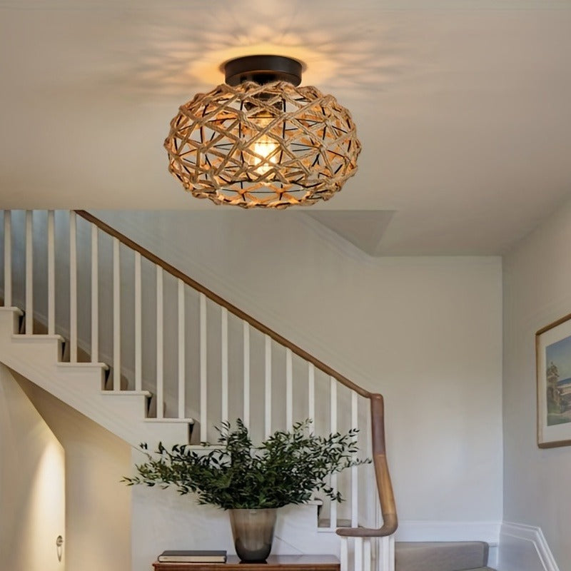 Oho Chic Hemp Rope Ceiling Light - Woven Rattan Wicker Accents - Semi Flush Mount Retro Fixture