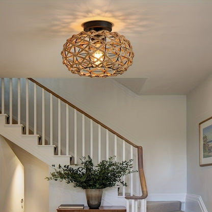 Oho Chic Hemp Rope Ceiling Light - Woven Rattan Wicker Accents - Semi Flush Mount Retro Fixture