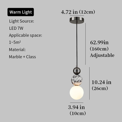 Natural Marble LED Pendant Light 7W Warm Light Adjustable 160cm Hanging Wire Glass Globe Hang Lamp for Bedroom Dining