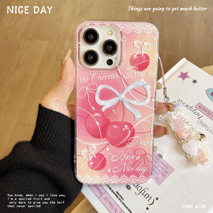Cherry Lace Protective Case Suitable for IPhone 17PM Bow Case IPhone 16 15 14 13 12 11 Xr X