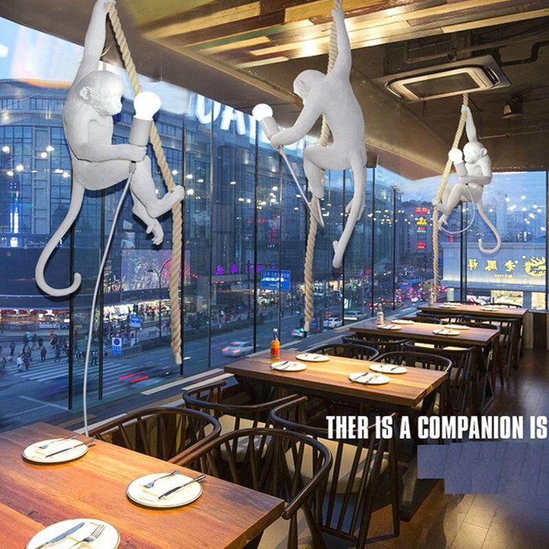 Modern Golden White Resin Monkey Pendant Lamp Suspension luminaire Loft Hemp Rope Pendant Light for Home Lighting