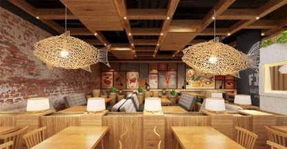 Creative Fish Pendant Lights Hand Woven Rattan Hanging Lamps Restaurant Bedroom Bar Light Fixture Home Teahouse Decoration
