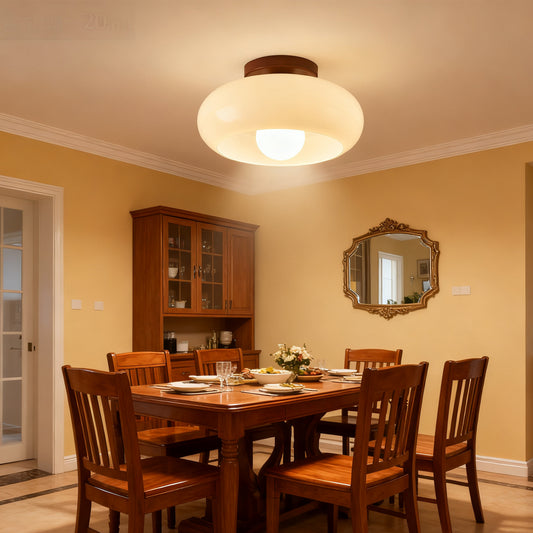 3 Color Dimmable Ceiling Light with Cream Glass Shade Vintage LED Ceiling Lamp with Wood Base Dining Living