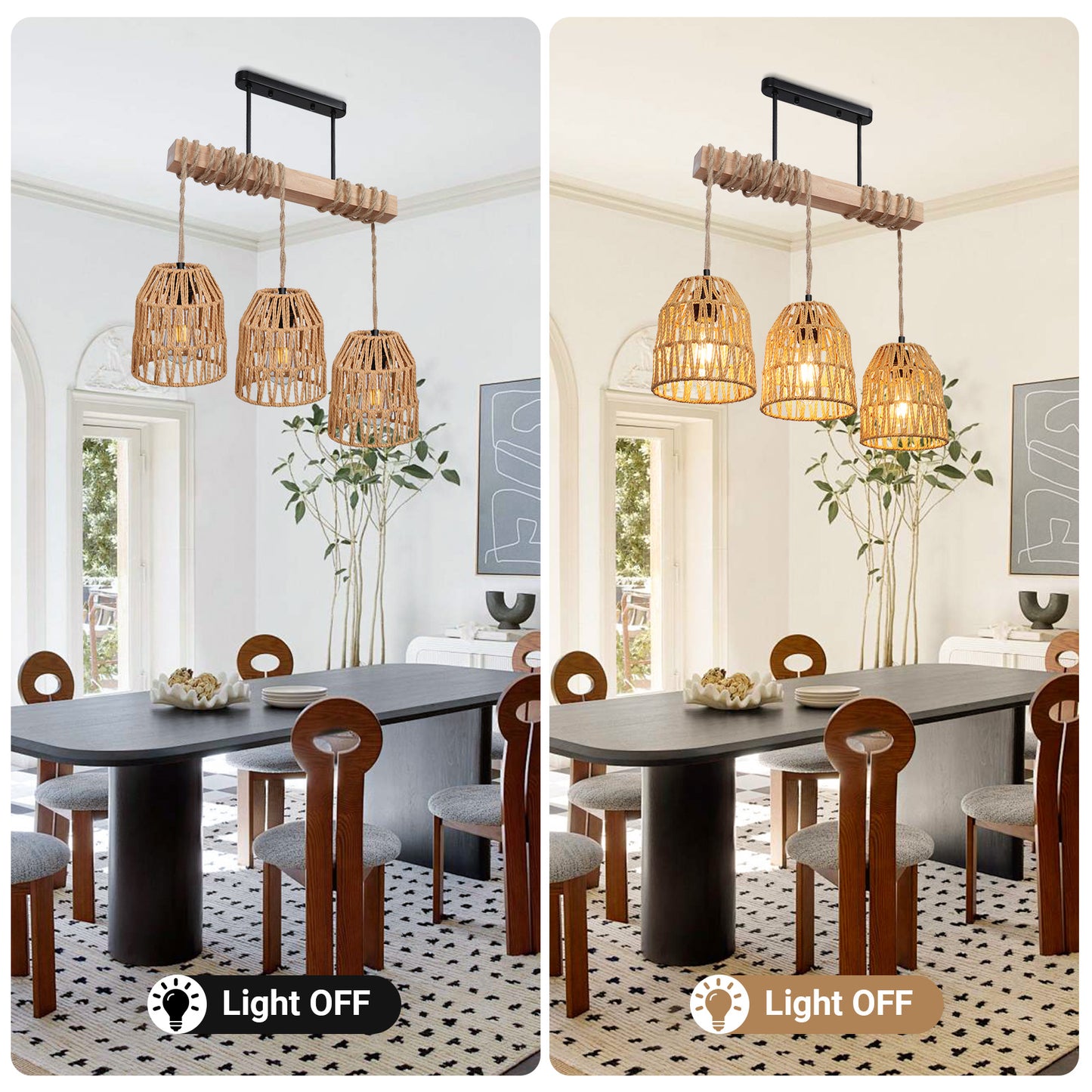 Boho Ceiling Lights Rattan Chandelier Light Hand Woven Flush Mount Hanging Lamp Pendant