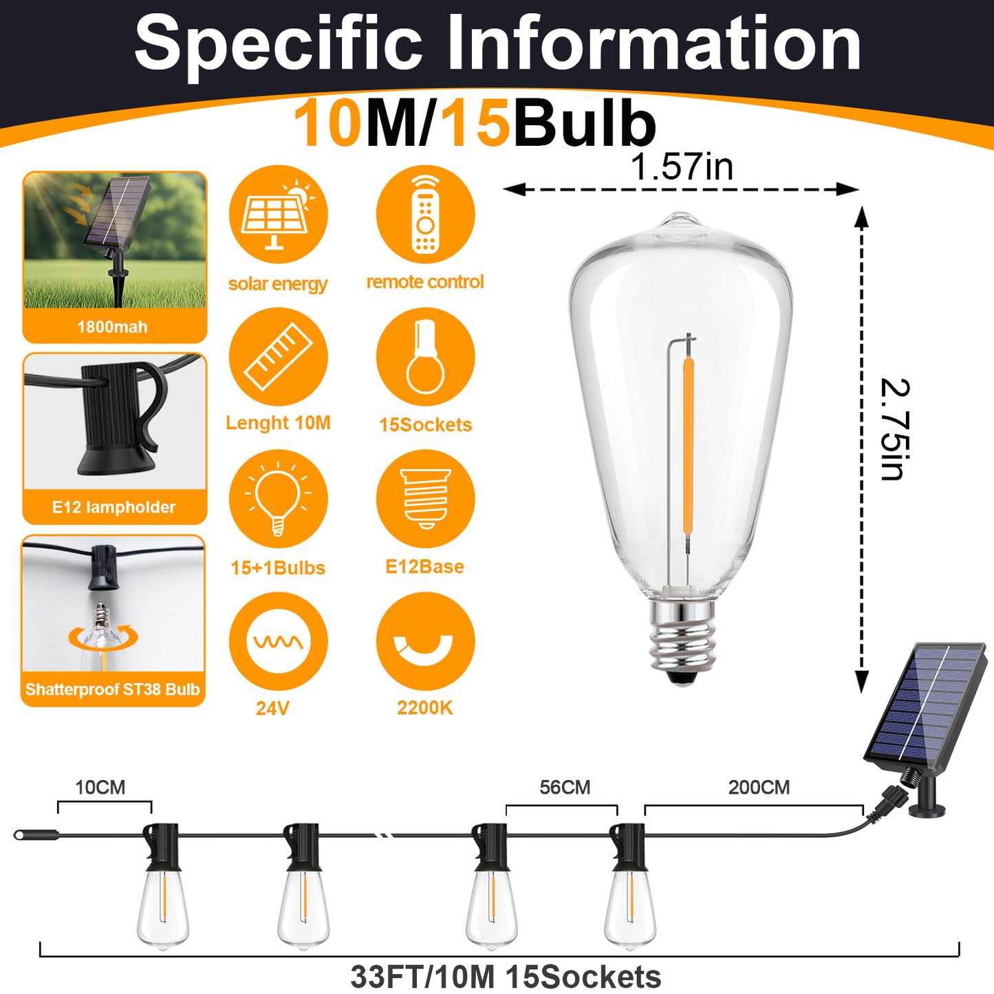 Solar Globe LED String Lights G40 Patio Light USB Recharger 8 Light Modes Remote Control Solar Weatherproof