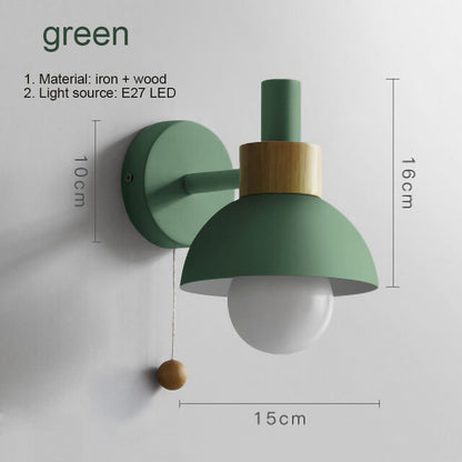 Bedside LED wall lamp Pull Chain switch Nordic modern E27 wood sconce