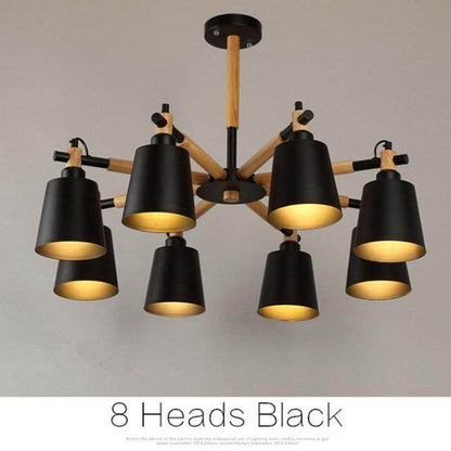 Nordic Creative Simple 3/6/8 Heads Solid Wood LED Pendant Light White Black Color Iron+Solid Wood E27 Holder Modern Ceiling Lamp