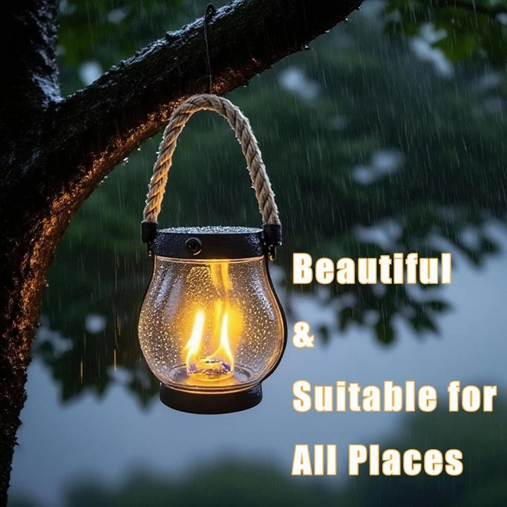 Solar Flame Lantern Outdoor Hanging LED Light Waterproof Rustic Rope Lamp Fire Effect Patio Garden Yard Camping