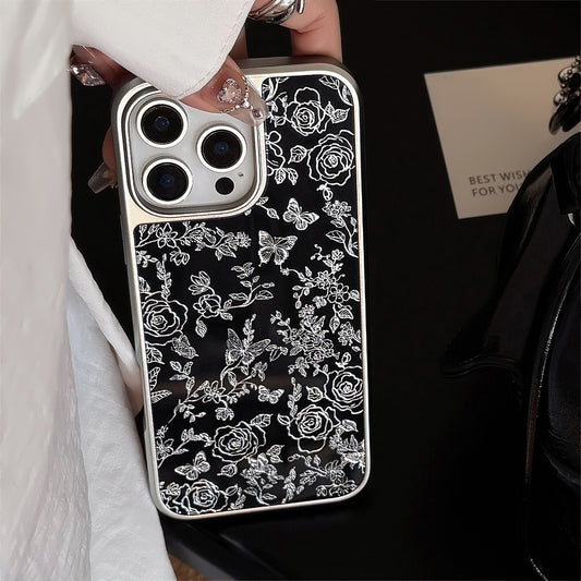 Gilding Line Butterfly Rose Electroplated Silver Border Phone Cover Case for iPhone 17 16 15 14 13 12 11 Pro Max Plus XR