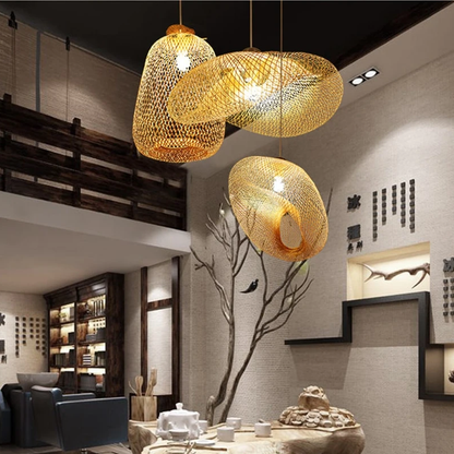 Bamboo LED E27 Wicker Rattan Wave Shade Pendant Light Vintage Japanese Lamp Suspension Home Indoor Dining Table Room Lighting