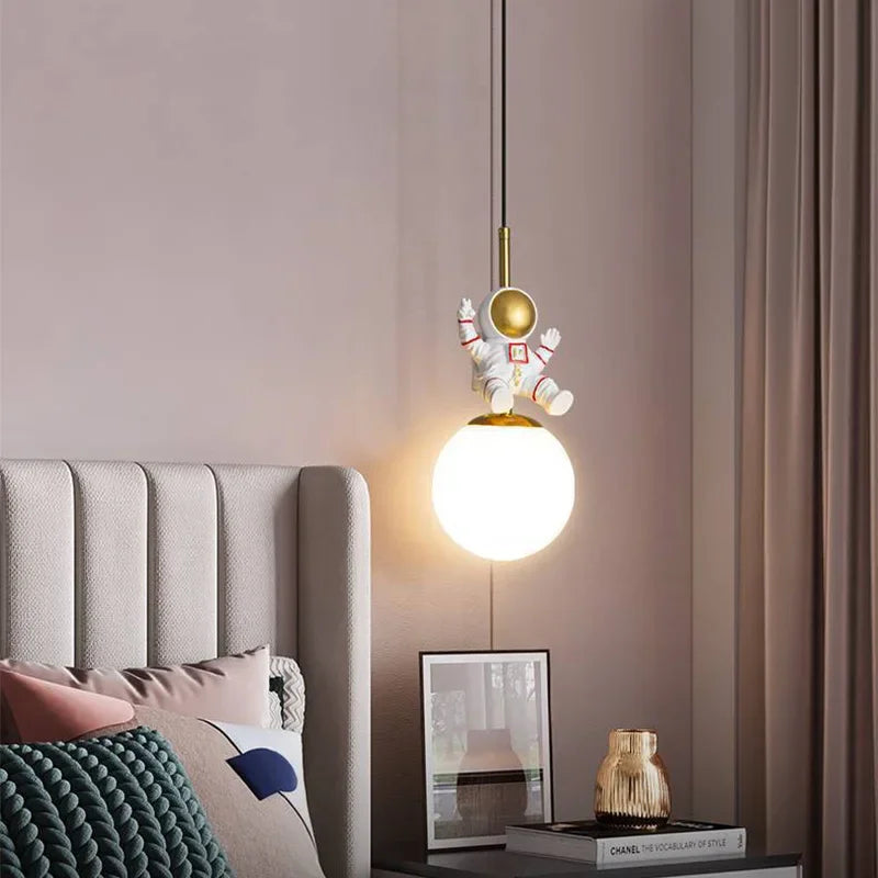 Modern LED Bedside Pendant Lamp Astronaut Chandelier for Child's Room Bedroom Moon Night Light Home Decor Light Fixture Lustre