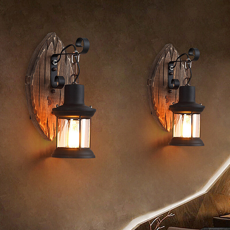 Outdoor Antique LED Loft Wall Lamp Wood Glass Restaurant Cafe Bar Sconces Vintage Industrial Retro Wall Sconce for Bedroom