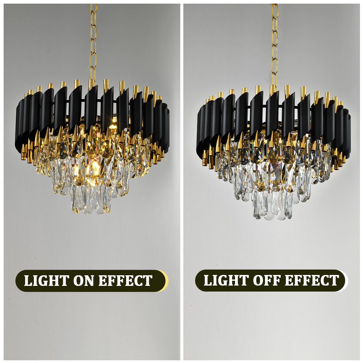Modern 3-story Crystal Black Gold Chandelier Light 15.7 "Round Ceiling Lighting Dimmable Living Room Dining Room Foyer Bedroom