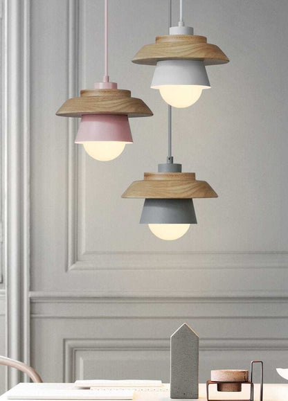 The Nordic modern minimalist bedroom small chandelier iron wood bowl hall creative personality Macarons restaurant LED lamp