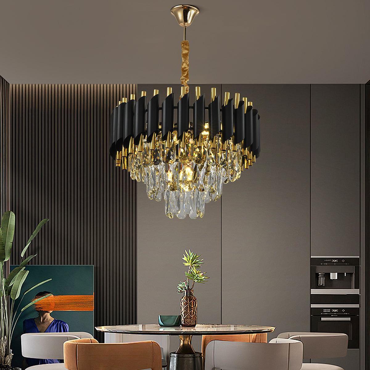 Modern 3-story Crystal Black Gold Chandelier Light 15.7 "Round Ceiling Lighting Dimmable Living Room Dining Room Foyer Bedroom