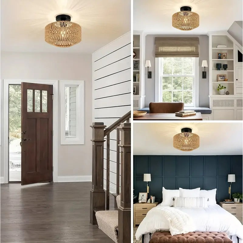 Classic Bamboo Lustre Chandelier Hanging Lamp Ceiling Handmade Rattan Pendant Light Fixture Weaving Home Living Bed Room Decor