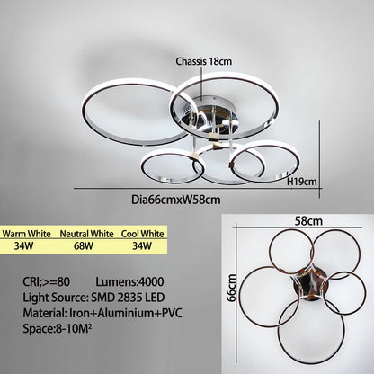 Modern Led Chandelier Gold/Chrome Led Ceiling Lights For Living Bedroom Kitchen 4-6 Ring Dimmable Ceiling Chandelier