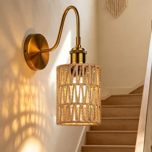 New Rattan Boho wall light Gooseneck  Hemp Rope Wall Lamps for BeNewdroom Living Room E27