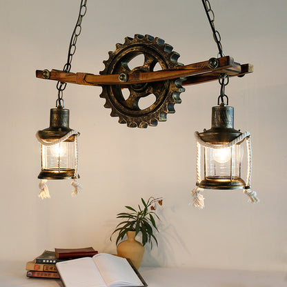 American Light Design Vintage Chandelier Retro Cafe Bar Restaurant Wooden Loft Pendant Lamp Gear Industrial Hanging Glass Light