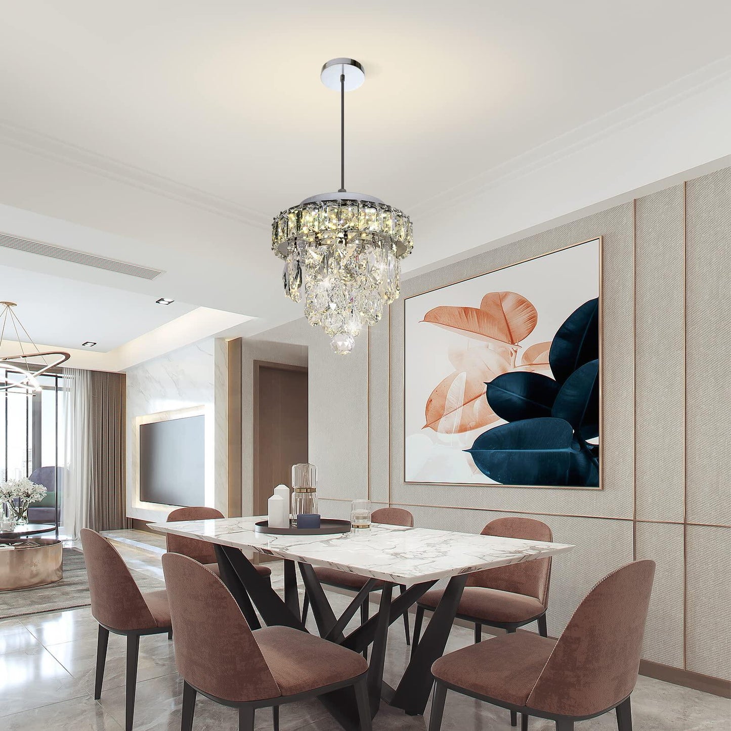 Mini Crystal Chandelier,Chrome Ceiling Pendant Light Fixtures,LED Crystal Flush Mount Ceiling Light Dimmable for Room Hallway
