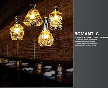 Modern Personality E27 Glass Hanging Lights Wine Bottle Engraved Pendant Lamps For Dining Room Living Room Restaurant Cafe Bar