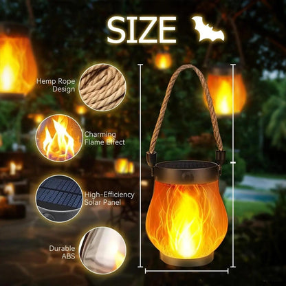 Solar Flame Lantern Outdoor Hanging LED Light Waterproof Rustic Rope Lamp Fire Effect Patio Garden Yard Camping